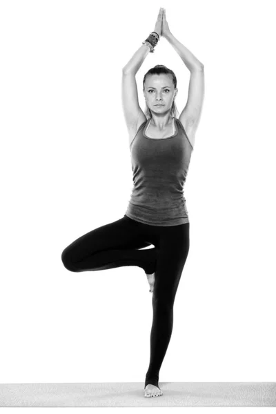 Çeşitli Pozlar Kadın Yoga Öğretmeni Beyaz Arka Plan Üzerinde Izole — Stok fotoğraf