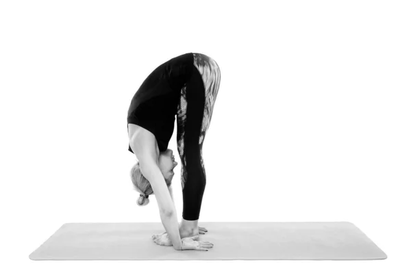 Çeşitli Pozlar Kadın Yoga Öğretmeni Beyaz Arka Plan Üzerinde Izole — Stok fotoğraf