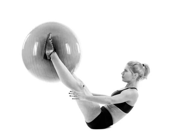 Fitness Girl Doing Abs Elastic Ball White Background — Stock Photo, Image