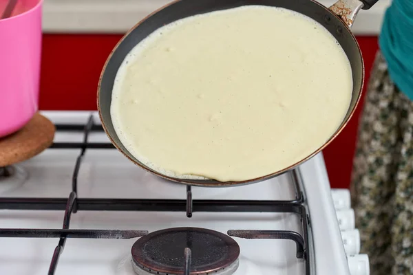 Närbild Förbereder Amerikanska Pannkakor Hemma Olika Inramning — Stockfoto