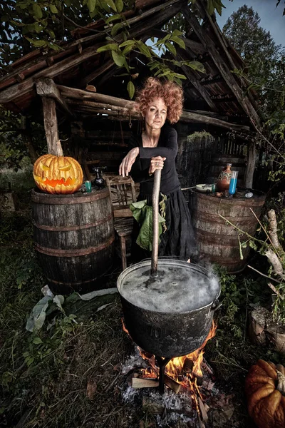 Velha Bruxa Preparando Poção Mortal Para Halloween Pote Ferro Fundido — Fotografia de Stock