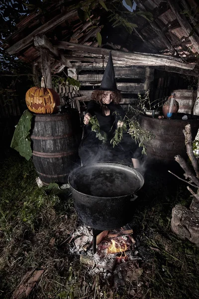 Velha Bruxa Preparando Poção Mortal Para Halloween Pote Ferro Fundido — Fotografia de Stock