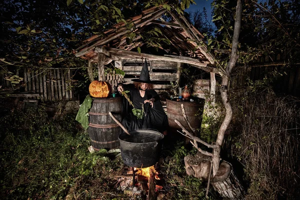 Velha Bruxa Preparando Poção Mortal Para Halloween Pote Ferro Fundido — Fotografia de Stock