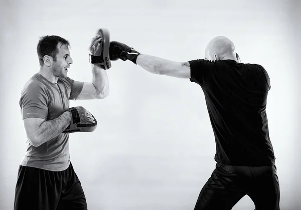 Boxer Entrenador Golpeando Manoplas Imagen Blanco Negro —  Fotos de Stock