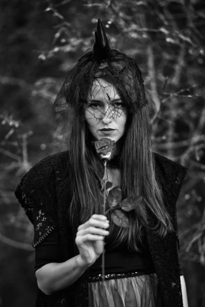 Black White Portrait Widow Dar Rose Halloween Theme — Stock Photo, Image