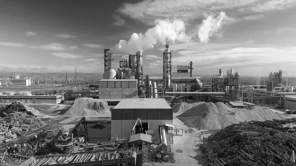 Etrafında Kütük Yığınları Olan Bir Ahşap Fabrikasının Hava Görüntüsü — Stok fotoğraf