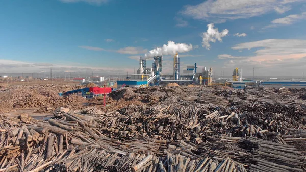 Aerial image of a woodworking plant with piles of logs around — Stock Image Aerial Image Woodworking Plant Piles Logs Stock Photo