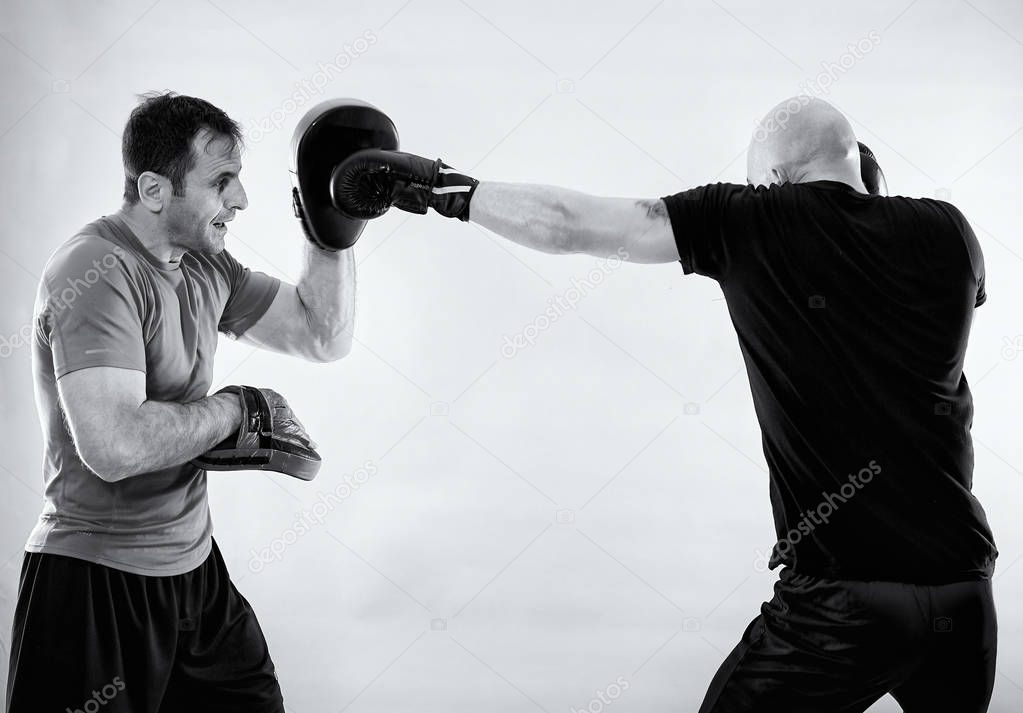 Boxer and his coach hitting mitts, black and white image