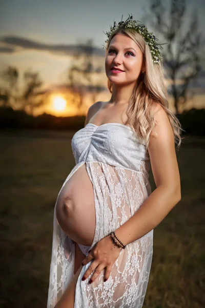 Porträtt Vacker Ung Gravid Kvinna Solnedgången — Stockfoto