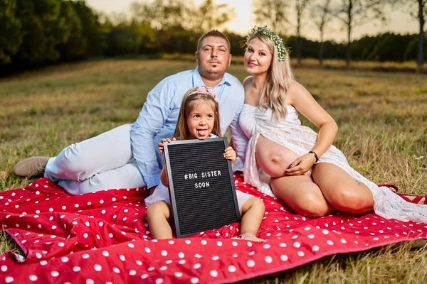 Gravid Kvinna Och Hennes Familj Njuter Sommardag Utomhus — Stockfoto