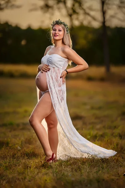 Portrait Une Belle Jeune Femme Enceinte Coucher Soleil — Photo