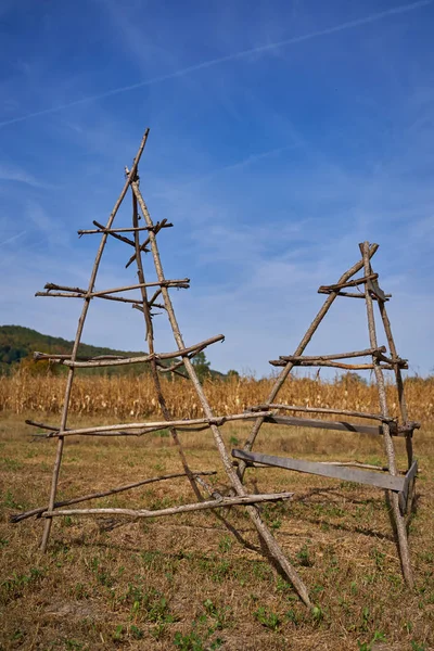 Mısır tarlasında saman kurutmak için kullanılan boş iskeleler veya çerçeveler