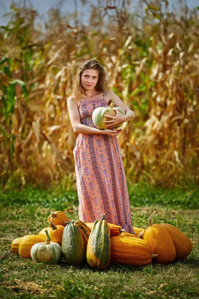 Herfst Fee Mooie Vrouw Lange Jurk Omgeven Door Pompoenen — Stockfoto