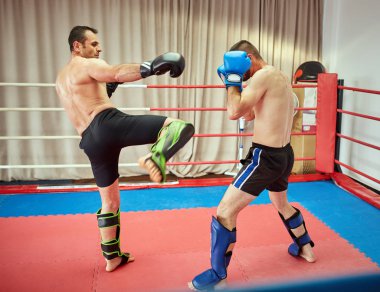 İki kickbox boksör ringde fikir tartışması