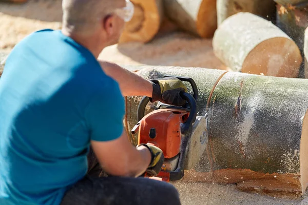 Fuerte Leñador Con Motosierra Trabajando Troncos Haya — Foto de Stock