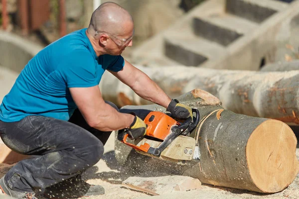 Strong Lumberjack Chainsaw Working Beech Logs — Stock Photo, Image