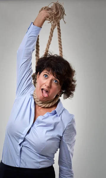 Mature Businesswoman Mimicking Hanging Herself Out Stress — ストック写真