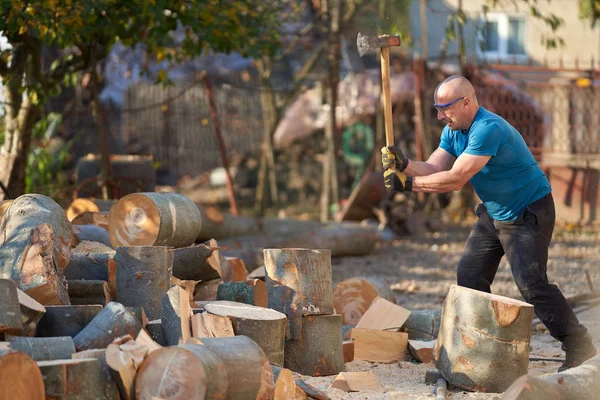 Holzfäller Spalten Buchenholzstämme Für Brennholz — Stockfoto