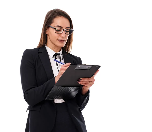 Ung Latinska Busiensswoman Glasögon Med Urklipp Och Dokument — Stockfoto