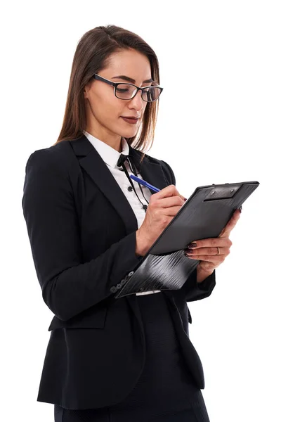 Jeune Femme Latine Busiensswoman Dans Des Lunettes Avec Presse Papiers — Photo