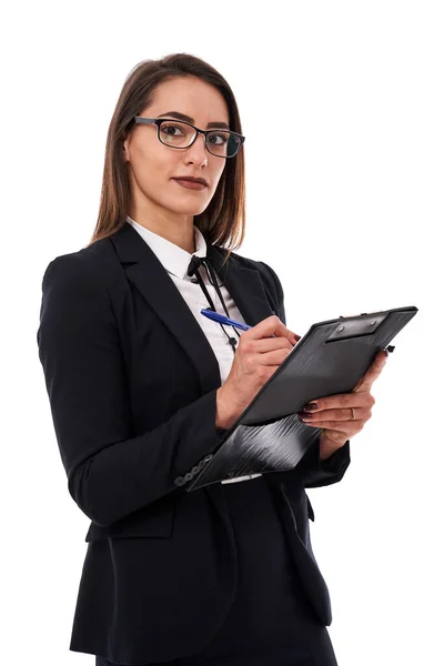 Jeune Femme Latine Busiensswoman Dans Des Lunettes Avec Presse Papiers — Photo