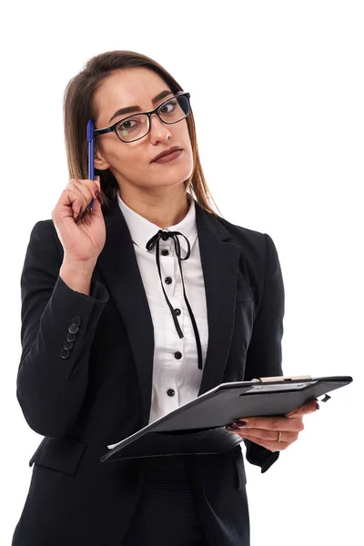 Jeune Femme Latine Busiensswoman Dans Des Lunettes Avec Presse Papiers — Photo