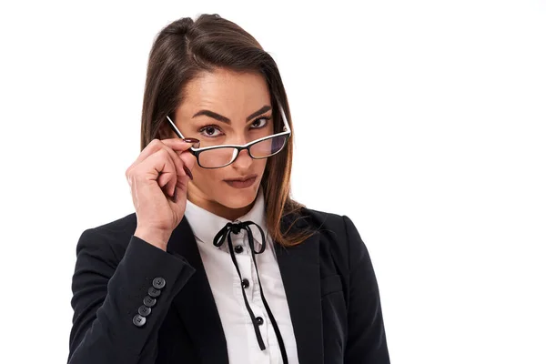 Nahaufnahme Eines Attraktiven Lehrers Oder Sekretärs Mit Brille Vor Weißem — Stockfoto