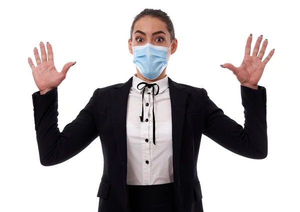 Terrified Businesswoman Face Mask White Background — Stock Photo, Image