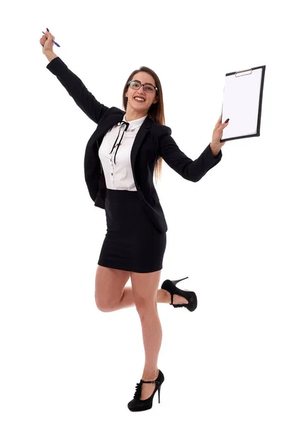 Young Latino Businesswoman Celebrating Success Full Body Shot Isolated White — Stock Photo, Image