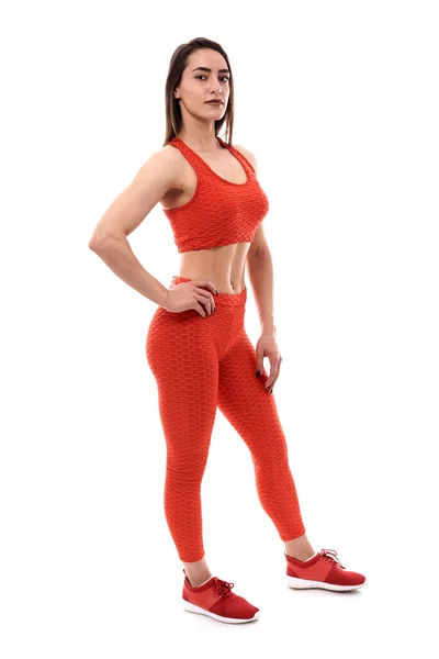 Mladá Atletická Žena Vydávající Fitness Model Bílém Pozadí — Stock fotografie