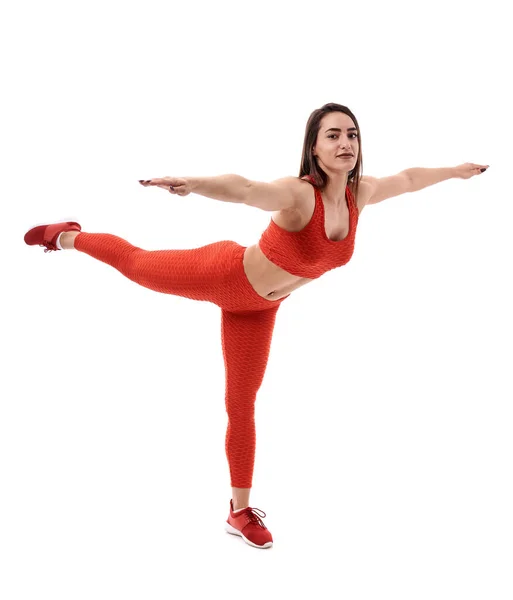 Mulher Atlética Jovem Posando Como Modelo Fitness Fundo Branco — Fotografia de Stock