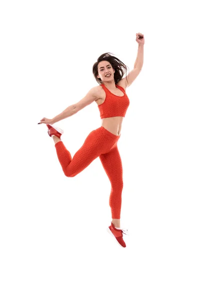 Young Athletic Woman Jumping High White Background — Stock Photo, Image