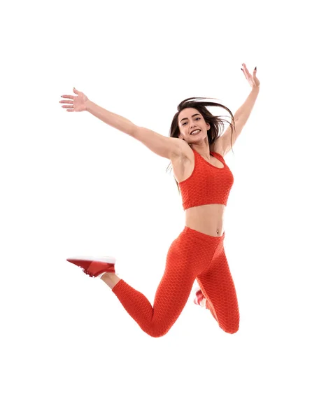 Young Athletic Woman Jumping High White Background — Stock Photo, Image