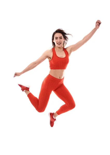 Young Athletic Woman Jumping High White Background Stock Image
