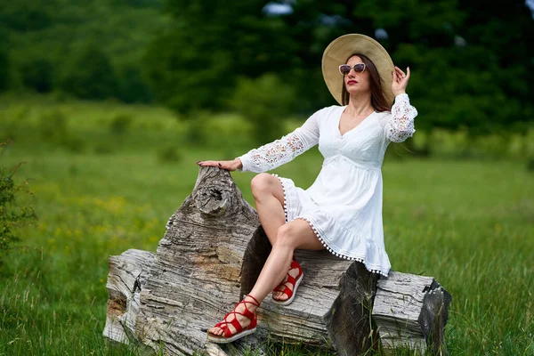 Gyönyörű Szépség Modell Nyári Ruha Pózol Szabadban Egy Tölgyfa Erdőben — Stock Fotó