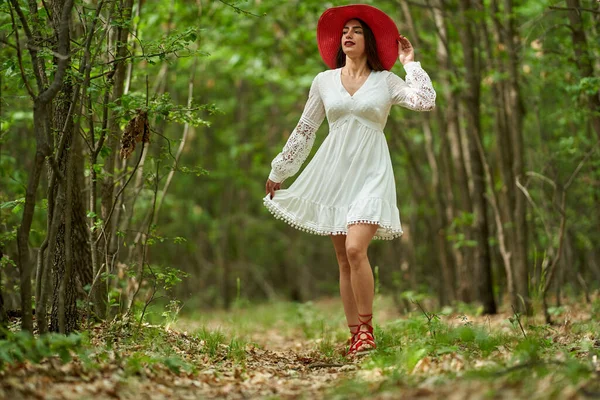 Gorgeous Beauty Model Summer Dress Posing Outdoor Oak Forest — Stock Photo, Image