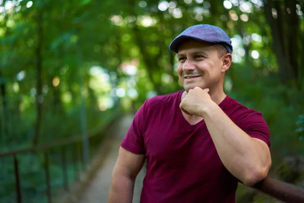 Closeup Portrait Handsome Man Hat Tee Outdoor — Stock Photo, Image