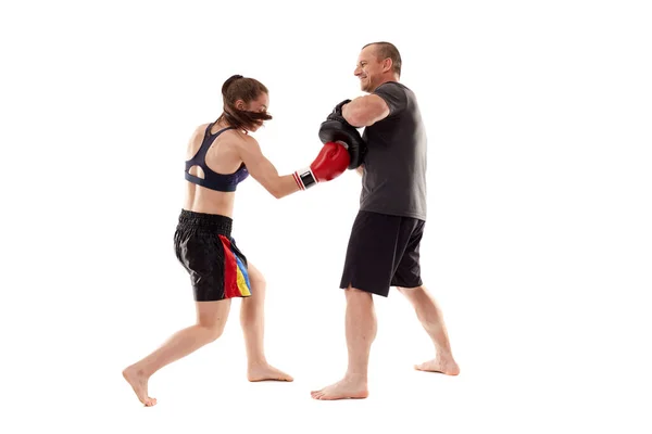 Girl Kickboxing Fighter Hitting Mitts Her Coach Isolated White Background — Stock Photo, Image