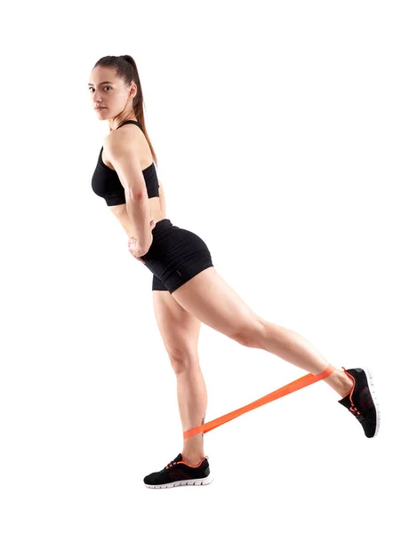 Athlete Lady Doing Workout Elastic Band — Stock Photo, Image