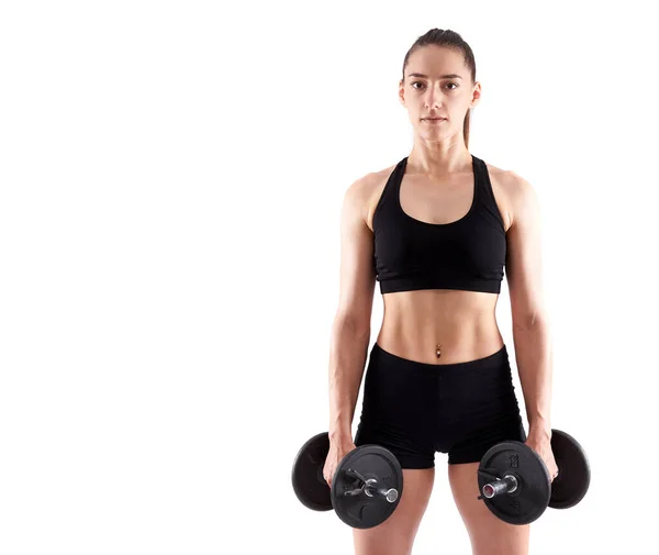 Mujer Atlética Hispana Joven Haciendo Ejercicio Con Mancuernas Sobre Fondo —  Fotos de Stock