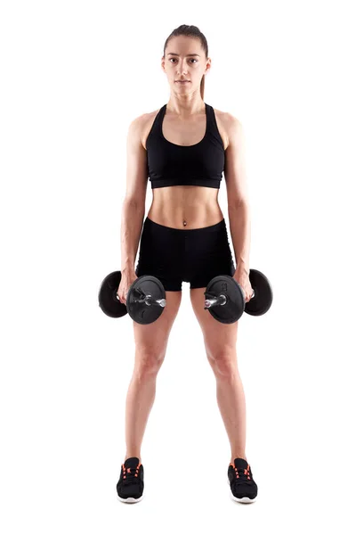 Young Hispanic Athletic Woman Working Out Dumbbells Full Length White — Stock Photo, Image