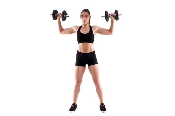 Young Hispanic Athletic Woman Working Out Dumbbells Full Length White — Stock Photo, Image