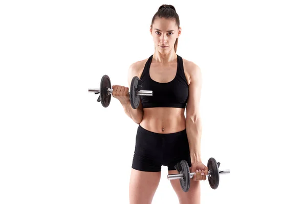 Young Hispanic Athletic Woman Working Out Dumbbells White Background — Stock Photo, Image