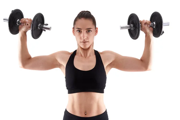 Mladá Hispánská Atletická Žena Dělá Ramena Cvičení Činky Bílém Pozadí — Stock fotografie