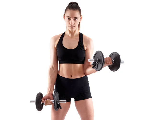 Mujer Atlética Hispana Joven Haciendo Ejercicio Con Mancuernas Sobre Fondo —  Fotos de Stock