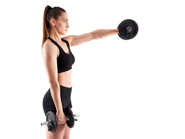 Young Hispanic Athletic Woman Doing Shoulders Workout Dumbbells White Background — Stock Photo, Image