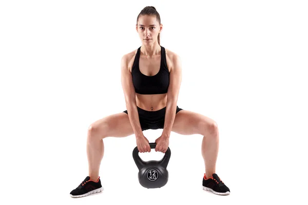 Young Athletic Woman Doing Workout Kettlebell Isolated White Background — Stock Photo, Image