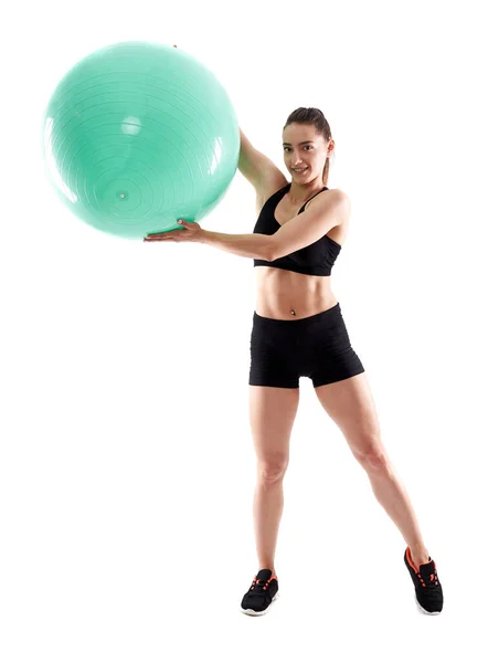 Chica Fitness Haciendo Ejercicio Con Pelota Gimnasio —  Fotos de Stock