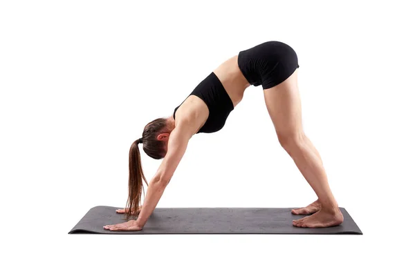 Donna Yoga Trainer Varie Pose Asana Isolato Sfondo Bianco — Foto Stock