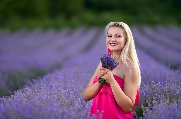 Young Blonde Woman Pink Dress Lavender Field Various Poses — Stock Photo, Image